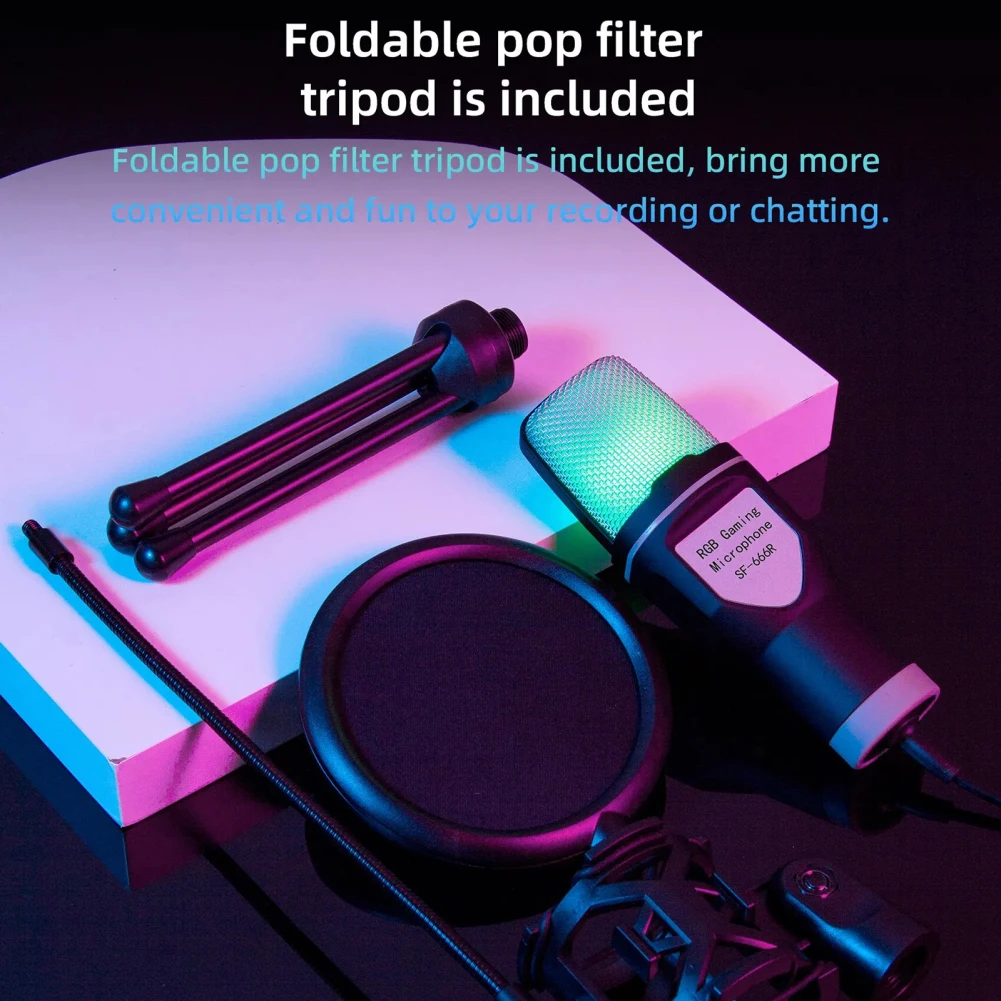 SF666R USB Wired Microphone Noise Reduction RGB Condensador Mic For Interview Vlogging Video Recording Podcast Mic With Stand