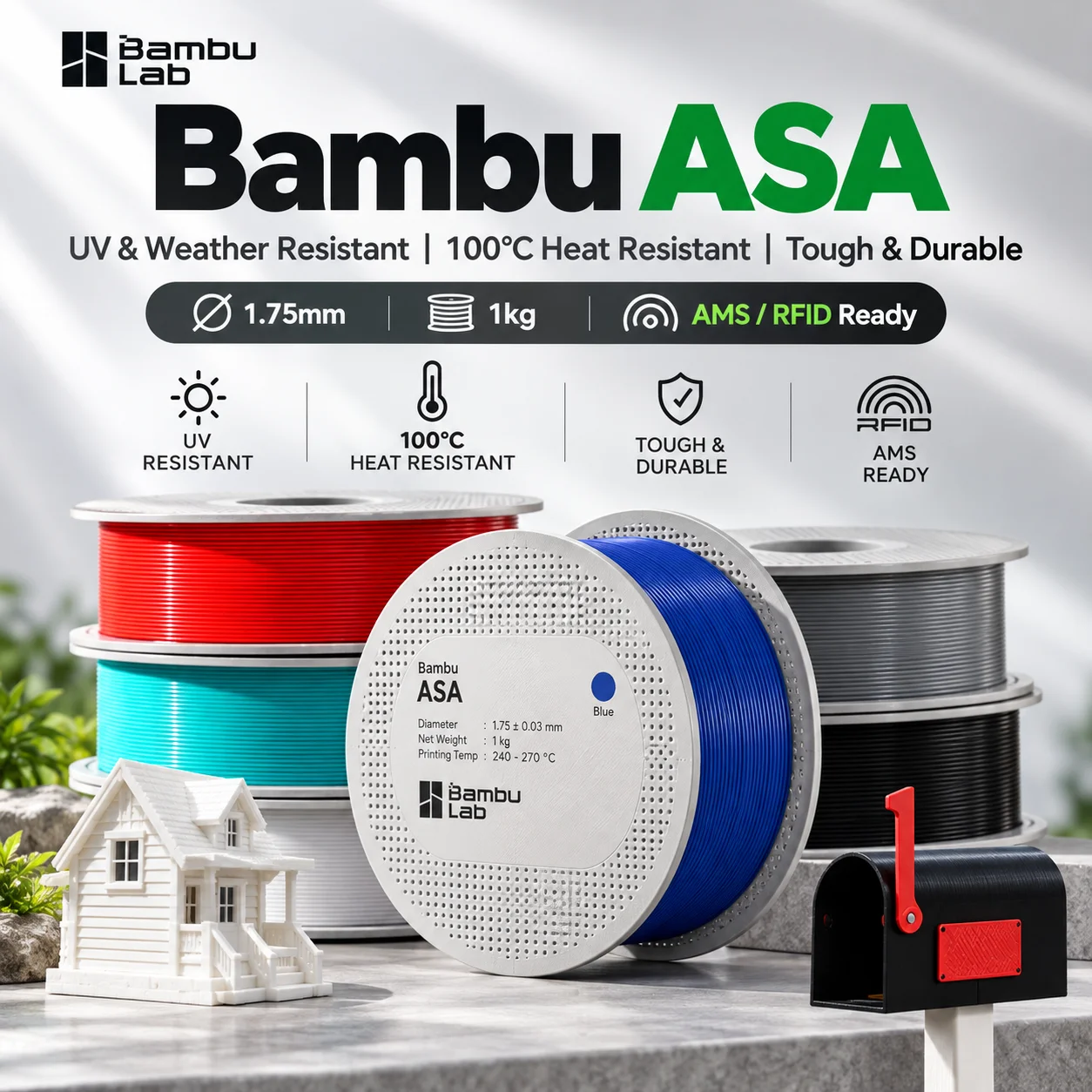 Bambu Lab ASA Filament 1.75mm 1kg UV Weather & Heat Resistant Tough Outdoor 3D Printer Material RFID AMS Compatible
