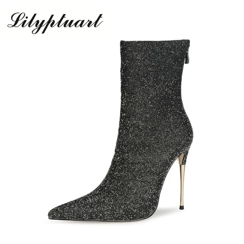 

High Quality Women's Shoes Autumn and Winter 2022 Fashion Sequins Thin High Heel Side Zipper Short Boots Banquet Show Boots