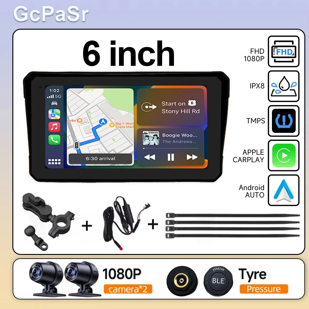 

6 inch Screen 1440*720P Motorcycle Navigation GPS Wireless CarPlay Android Auto Motorcycle GPS Motor DVR Monitor TPMS Optional