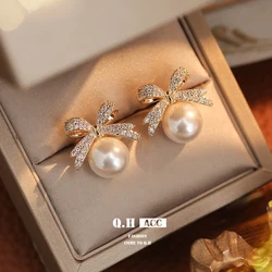 French Sweet Personality Pearl Simple And Small Design Sense Full Of Drill Bow Delicate All-matching Earwear Female