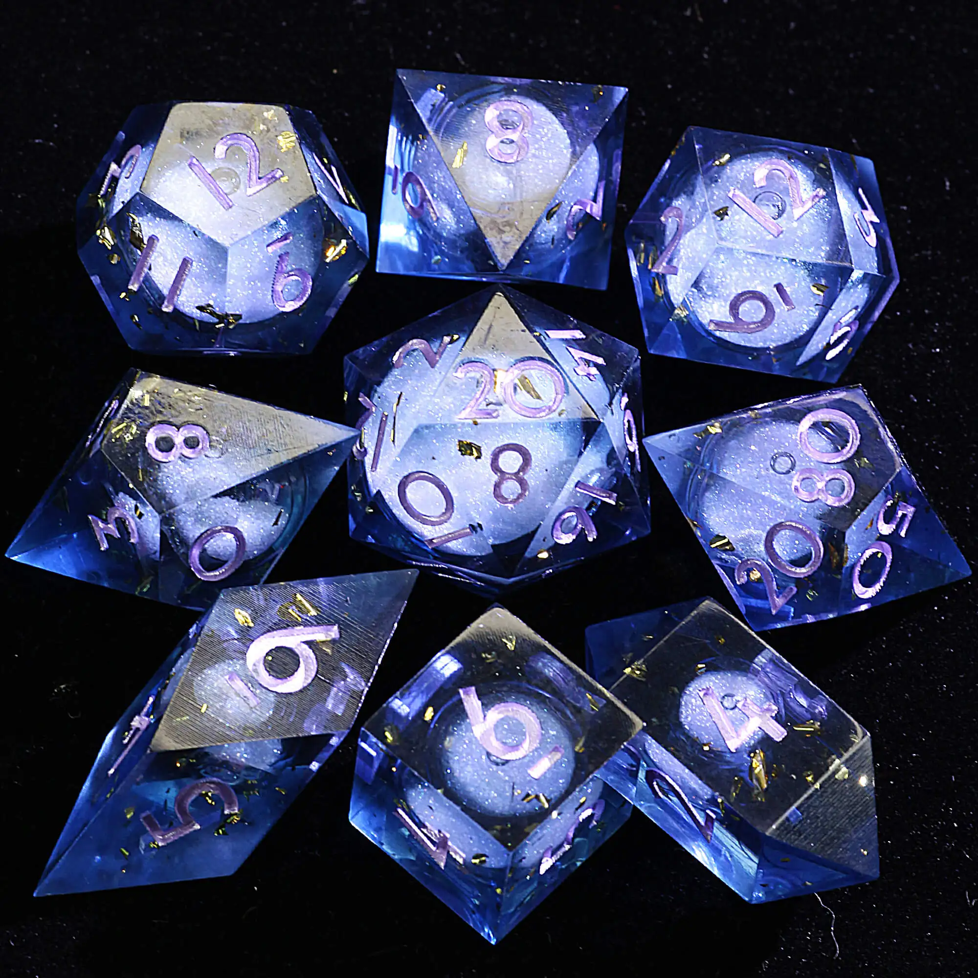 

9 Polyhedral Resin Liquid Core Sets Dice D and D Abyssal Sand Tide