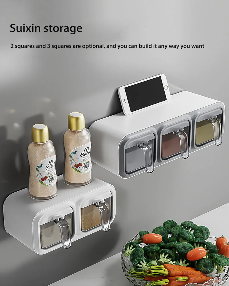 Wall Mount Spice Rack Organizer Sugar Bowl Salt Shaker Seasoning Container Kitchen Supplies Storage Set Spice Boxes