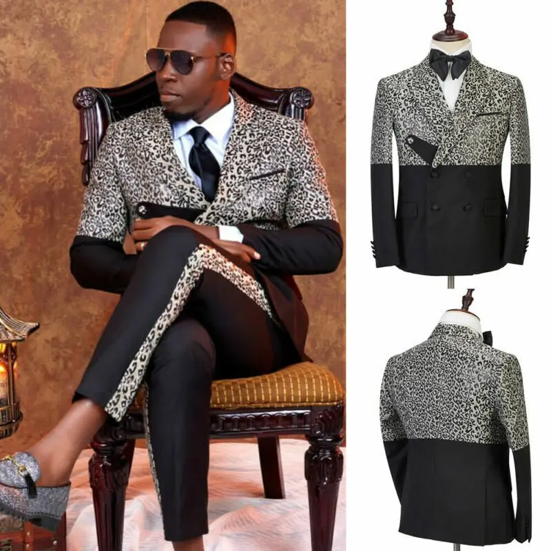 Leopard Print Splicing Men Suit Tailor-Made 2 Pieces Blazer Pants Double Breasted Slim Fit Formal Business Party Customized