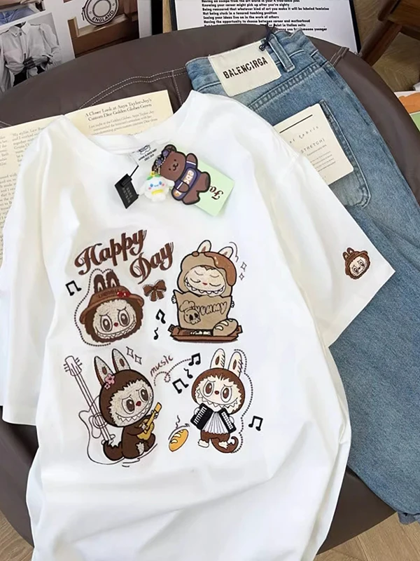 Summer New Cartoon Print Cotton ort Sve T-irt ex Loose Fit Comfortable Breathable Casual Top for Men And Women