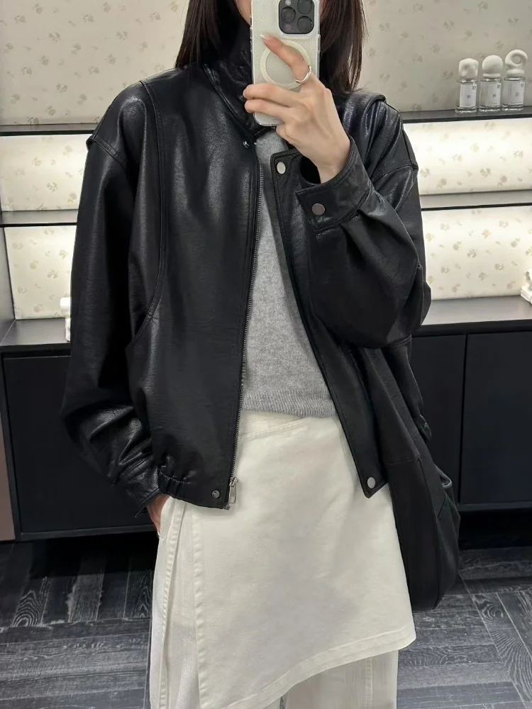 Jaet in pelle color caramello da donna sciolto casual versatile americano Sle autunno 2025 versione coreana top in pelle PU