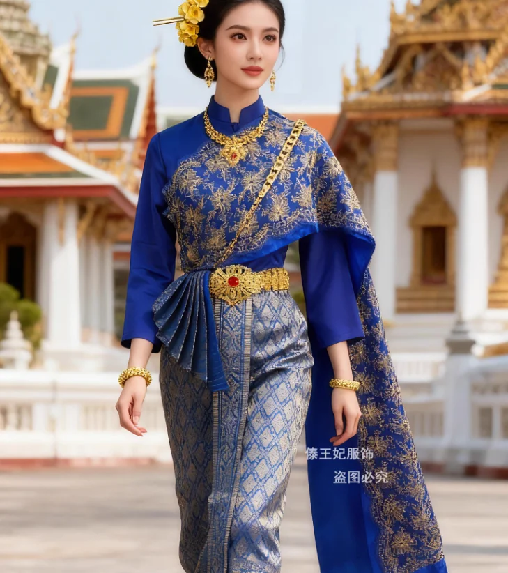 Thai Women's Autumn and Winter Standing Collar Long Sleeved Double Layered Clothing With Buttocks Wrapped