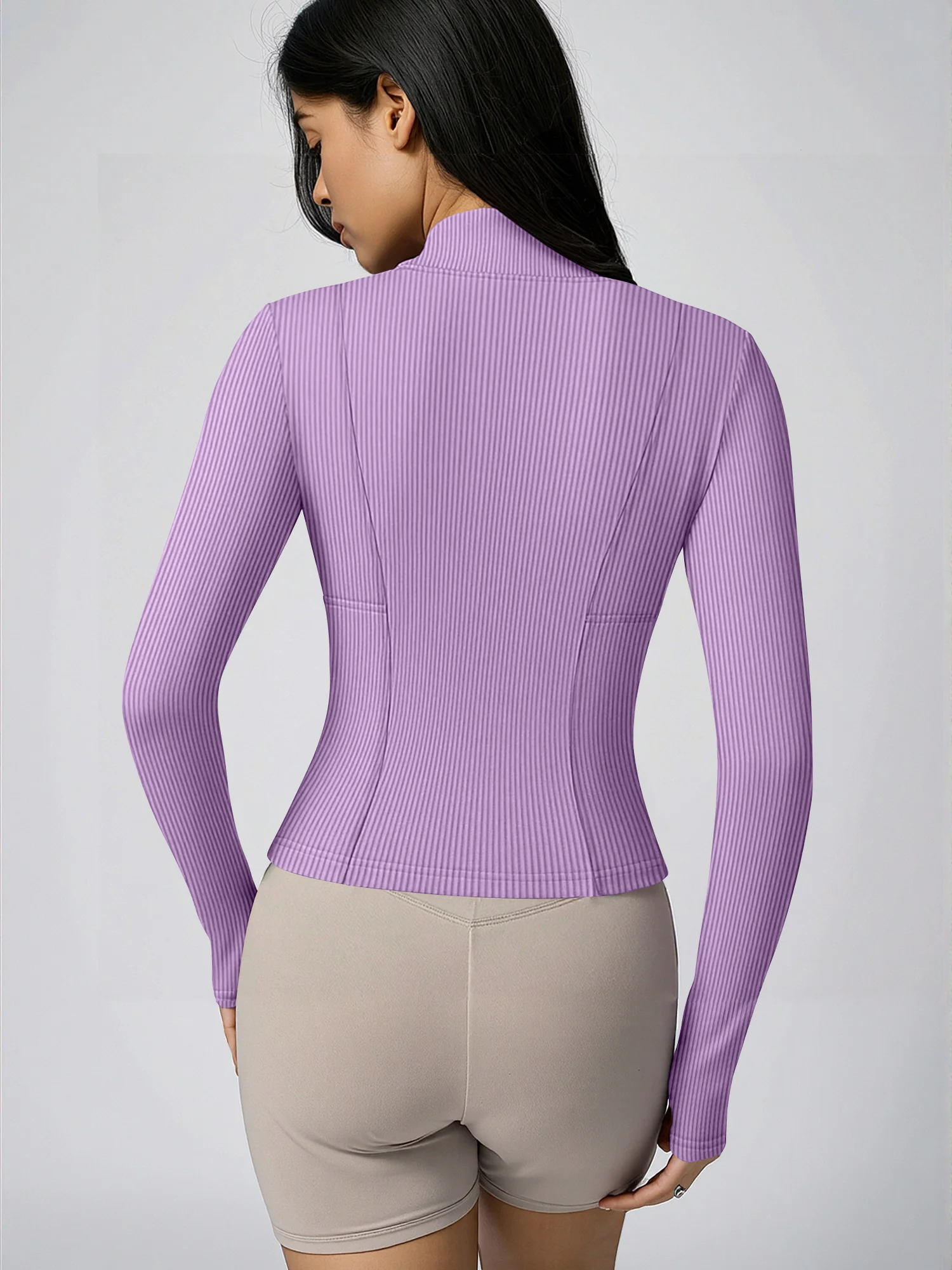 Daily Commute Cropped Full Zip Rib Jacket Ladies Elastic Rib Fabric Long Sleeve Street Casual Coat