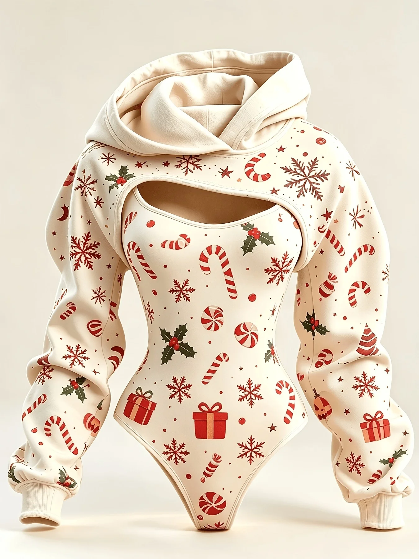 Conjunto de 2 piezas para mujer: body con estampado de caramelo de Navidad y copo de nieve + chaleco con capucha, disfraz de Navidad.