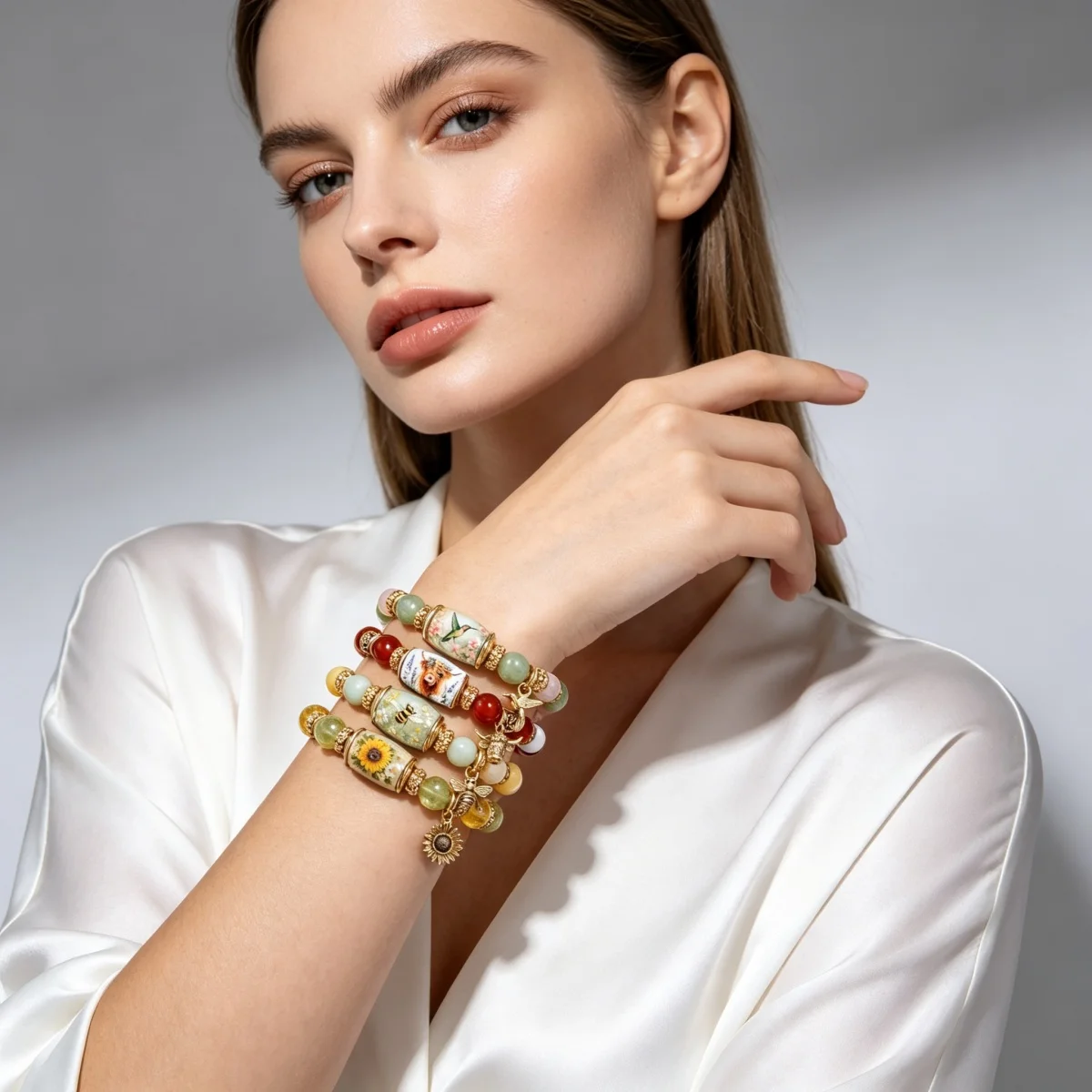 Zarte Armbänder im Frühlingsgarten-Stil mit Glasperlen für Damen und Herren, mit Charm-Anhängern wie Kolibri, Sonnenblume, Biene und Ochsenkopf, Heilschmuck. – Detail 15