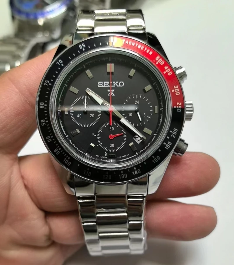 سايكو بروسبكس سبيدتيمر باندا ساعة كوارتز للرجال ، حزام فولاذية ، غلاف معدني ، كرونوغراف 3 عيون ، سوار مجوهرات