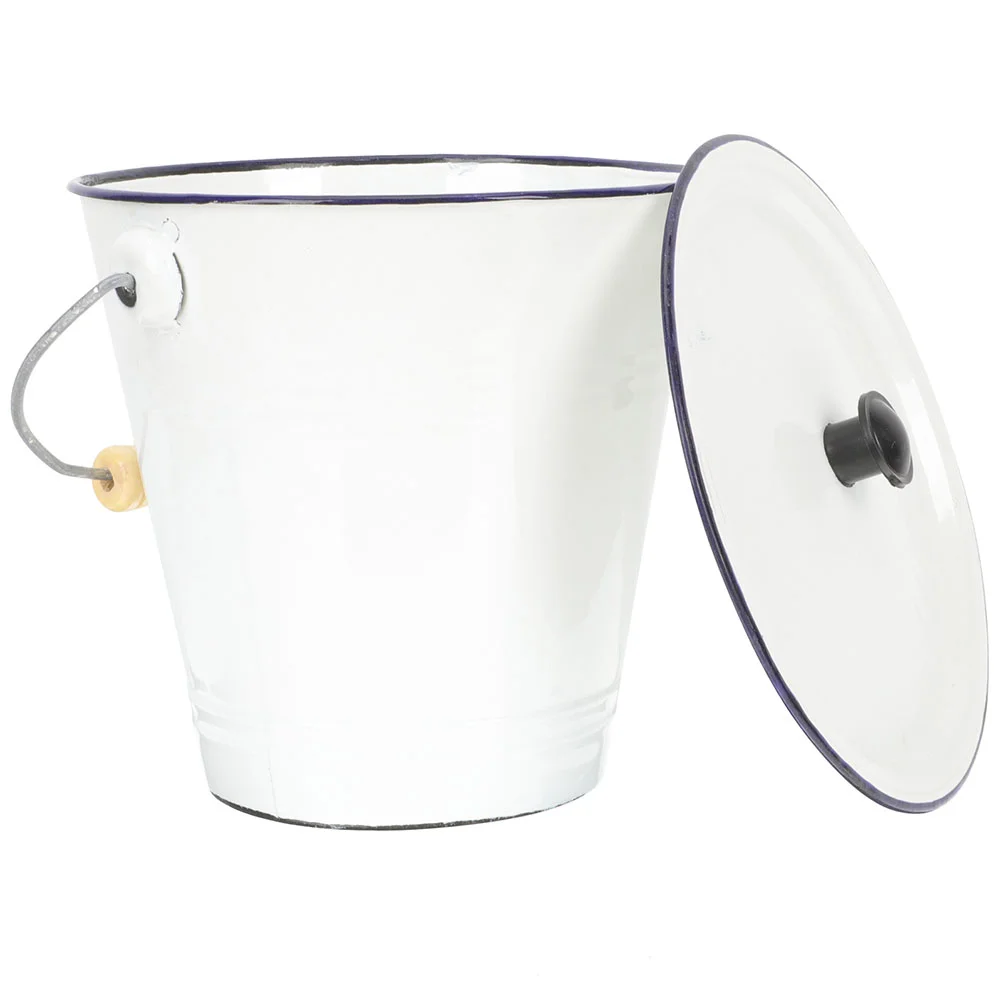 Enamel Bucket with Lid Liquid Container Ice Metal Can Cake Milk Household Cleaning Water Wooden Pail Practical