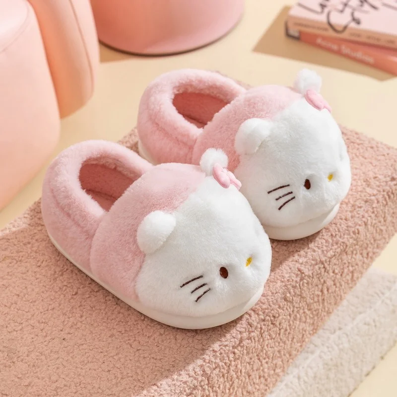 Sanrio Hello Kitty Sweet and cute warm home women's shoes Kulomi fresh splicing cartoon bow plush platform cotton slippers