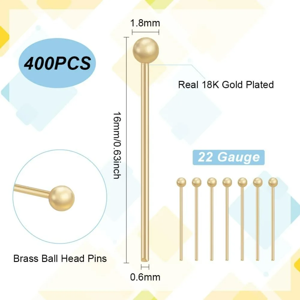 400PCS 18K Gold Plated Ball Head Pins 22 Gauge/0.6mm Brass Satin Pins 0.6 Inch/16mm End Headpins Straight Head Pins for Pendant