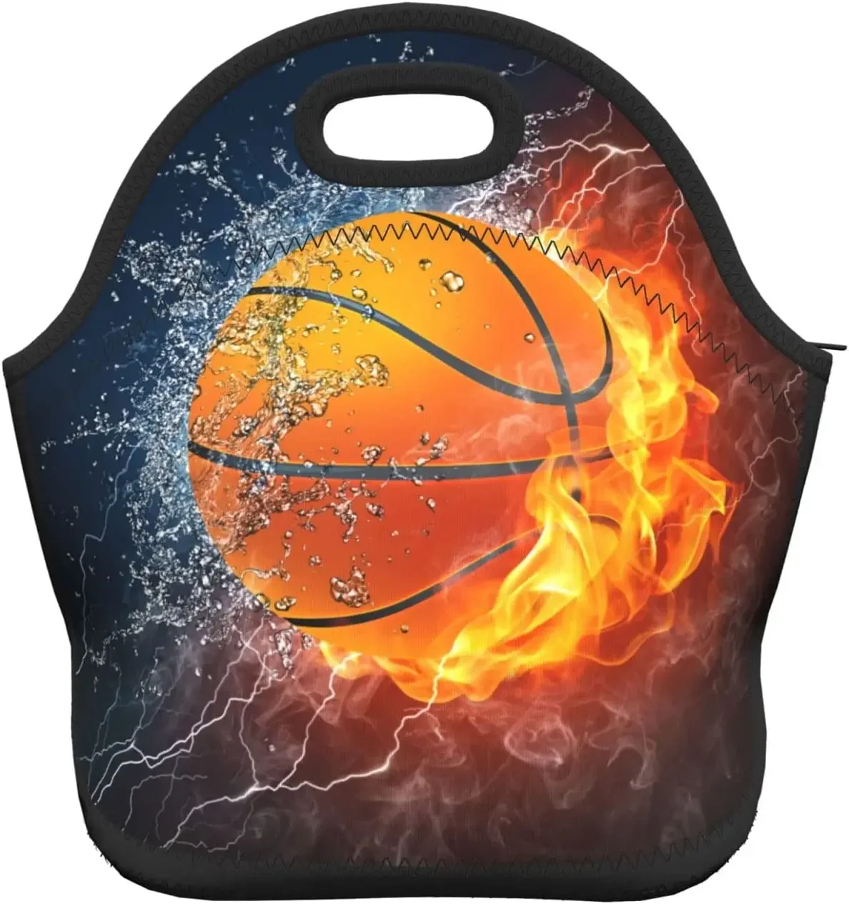 Retro Lunch Bag Basketball Ball In Fire And Water Neoprene Lunch Bag Insulated Lunch Box Tote For Adult /Kids /Travel/Picnic