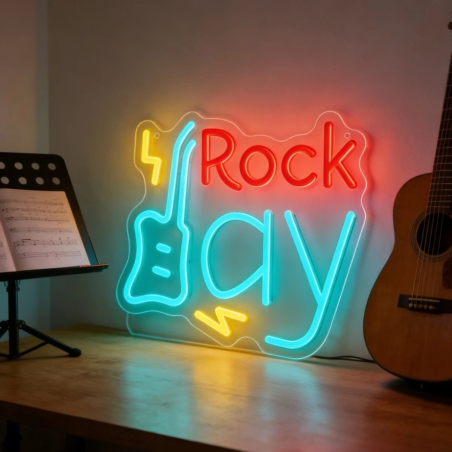 

Светодиодная неоновая вывеска Rock Day для музыкальной комнаты, бара, вечеринки, декора, настенное искусство в рок-тематике, крутой подарок для любителей гитары