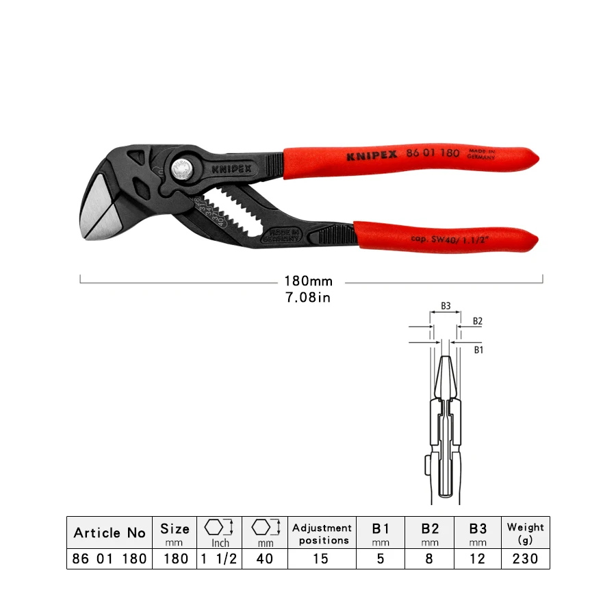 KNIPEX Tool 86 01 180 Multi-Combination Pliers 7 1/4-Inch Pliers Wrench and Water Pump Pliers