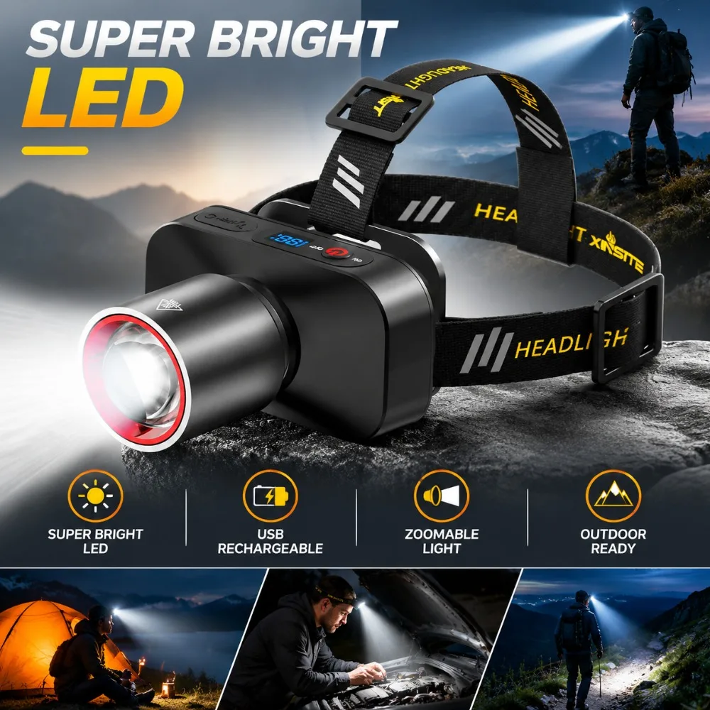 Rechargeable Headlamp Super Bright Head Light Motion Sensor Front Led Head Flashlight Outdoor Camping Flashing