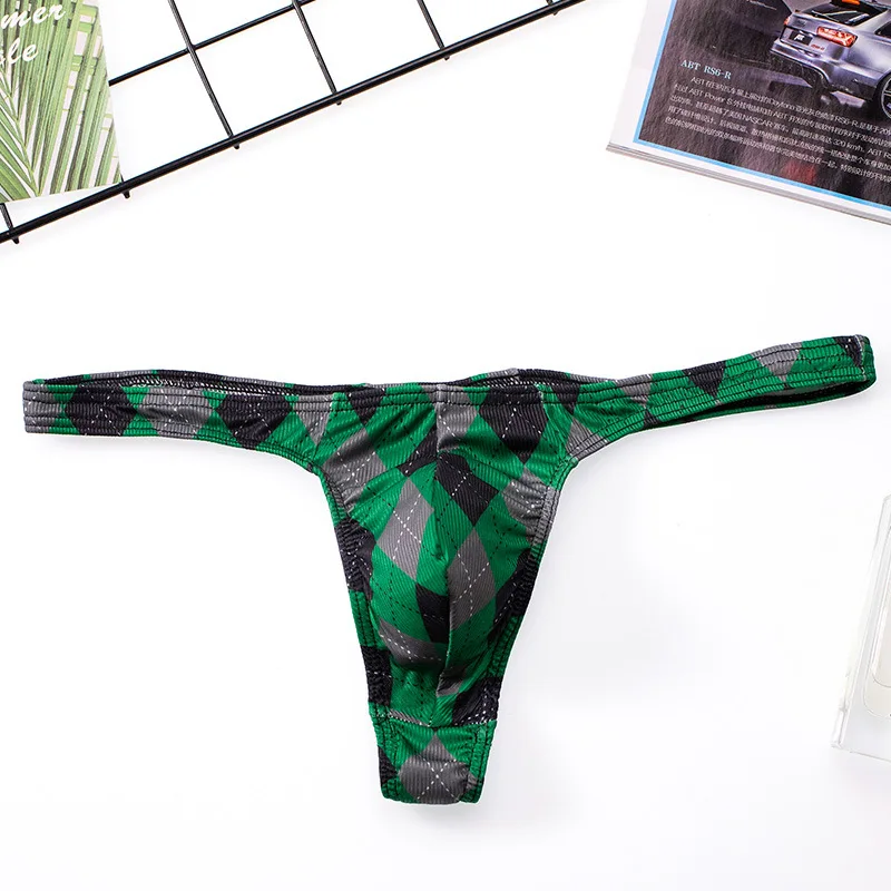 Men Underwear Grid Sexy Briefs U Convex Thong String Bulge Pouch Breathable Panties Male Underpants U-Bag Intimates Bikini Male