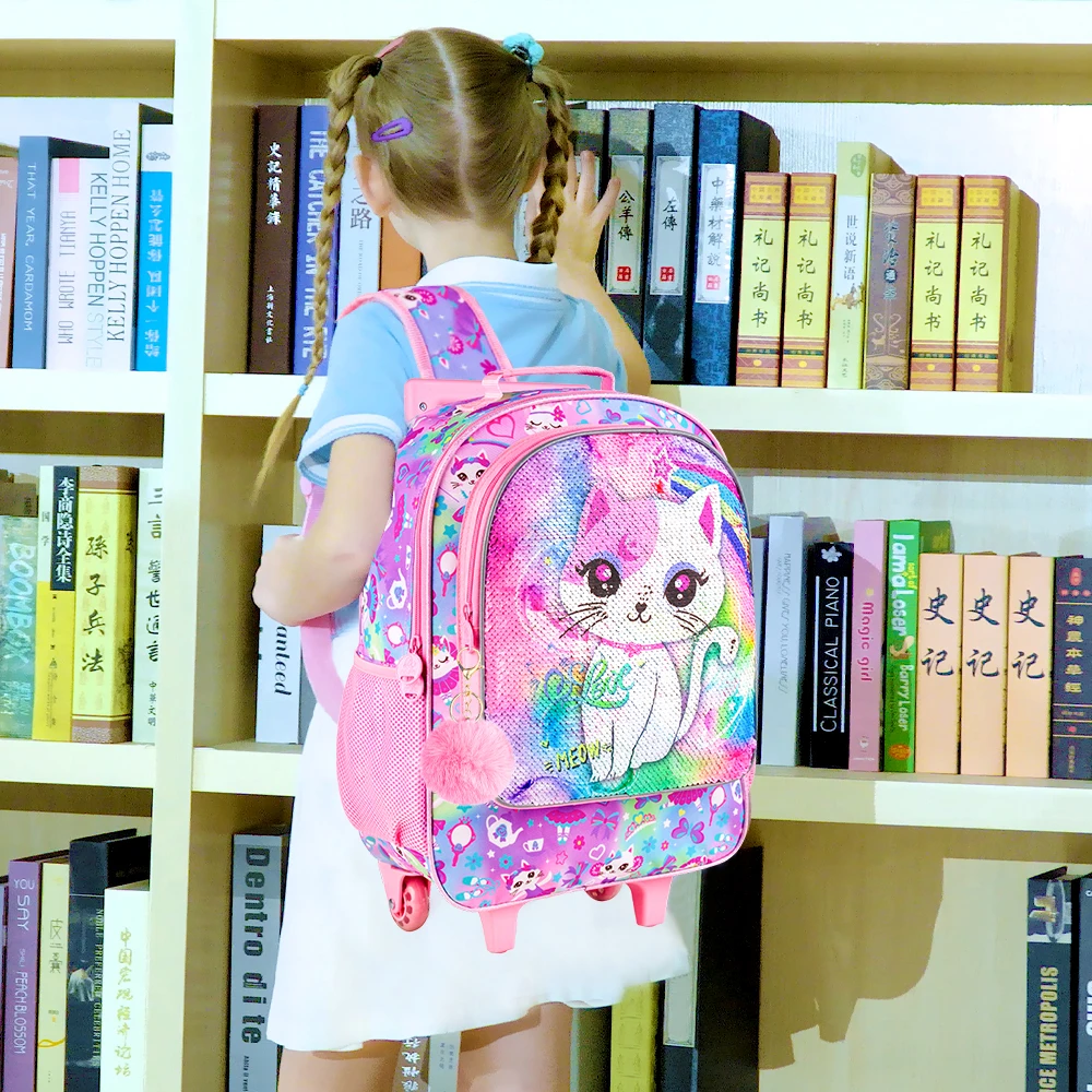 4PCS Kids Rolling Backpack for Girls, Cute Cat Sequin Wheeled Bookbag, Pink Roller School Bag with Wheels for Elementary