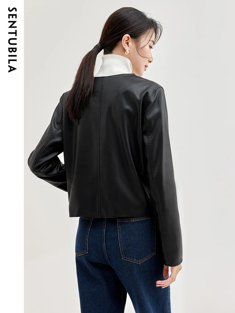 SENTUBILA Schwarze Lederjacke für Damen, 2025, gerade, einfach, Rundhalsausschnitt, Knopfleiste, Pu-Kunstleder, kurze Mäntel für Damen, W43G58043X