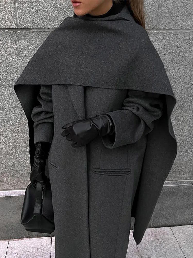 Fashion Oversized Full Sleeve Big Scarf Collar Women Overcoat Elegant Solid Pocket Double Breasted Coat Lady 2024 Commuting Wear - Image 4