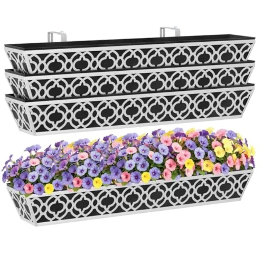 

Outdoor balcony deck fence railing planter boxes set: 4-pack 36-inch gray metal with adjustable brackets and non-woven fabric l