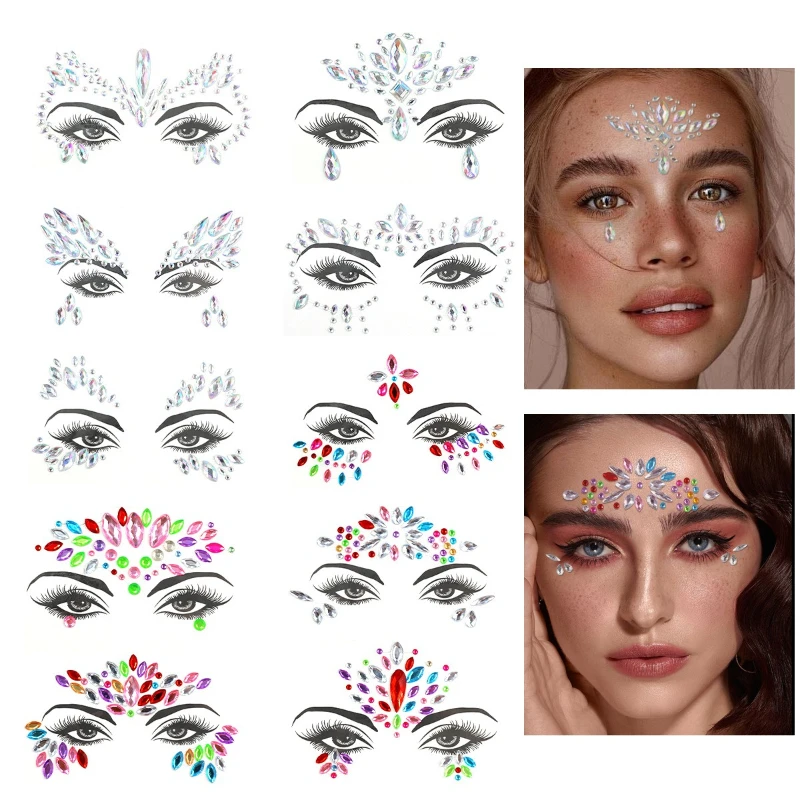 ملصقات وجه من الراتنج البيئي ملونة من حجر الراين، ملصقات ذاتية اللصق لامعة للجسم لحفلات المهرجانات، تبادل لاطلاق النار، سهلة الإزالة