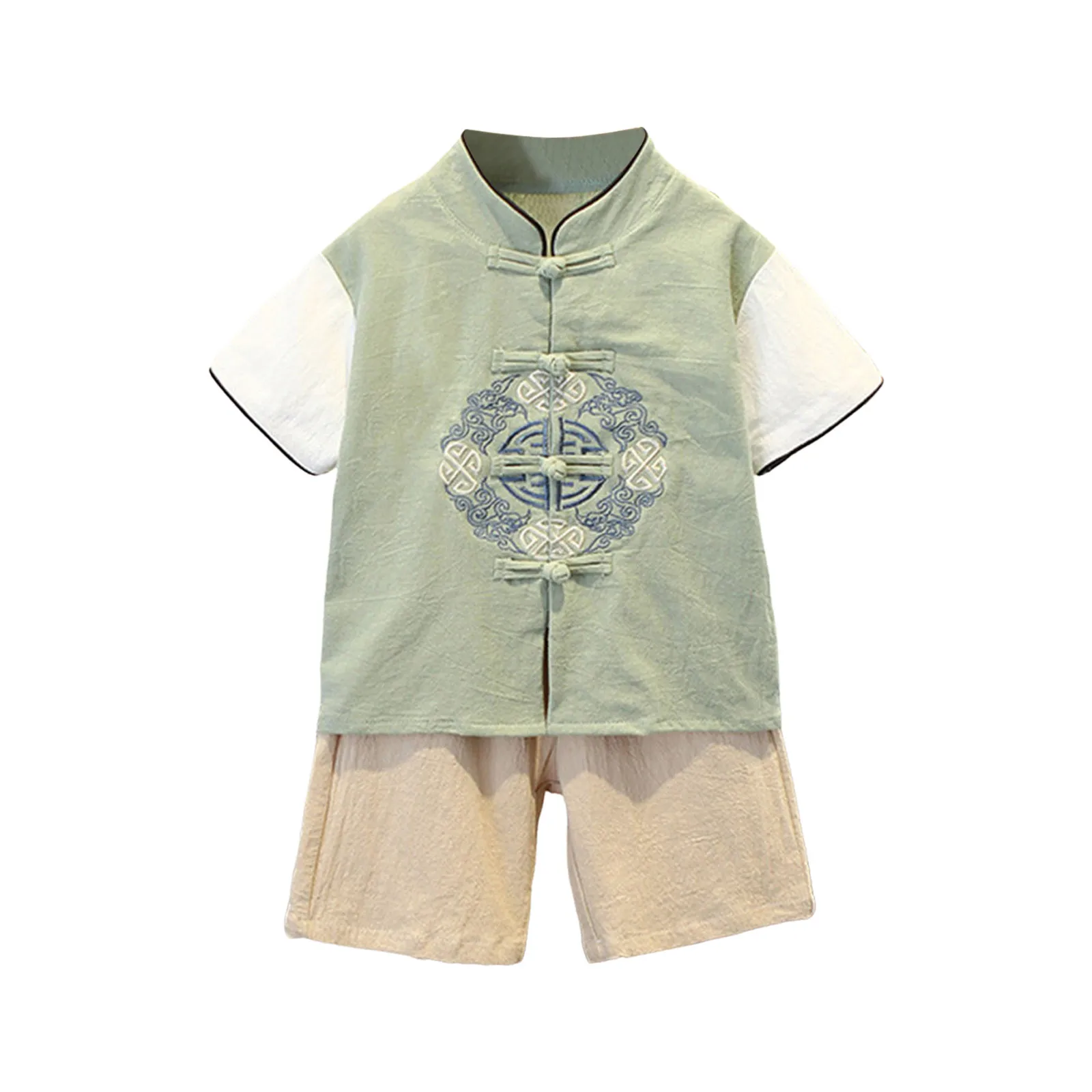 Children Tang Suit Summer Clothes Sets Short-Sleeve Boys Comfortable Kid Hanfu Embroidery Tops Shorts Retro Chinese Clothes 0-7Y