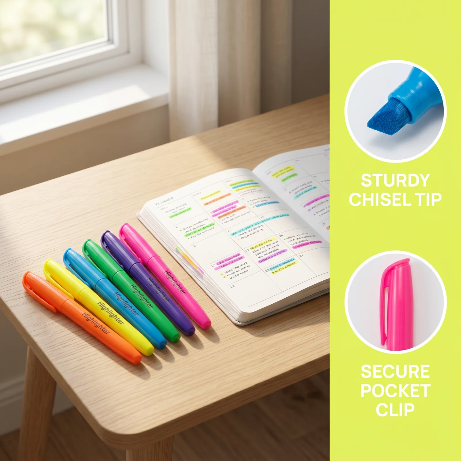 Aesthetic Highlighters Set 6 Colors，Chisel Tip, No Bleed & No Smear, for Journaling School & Office