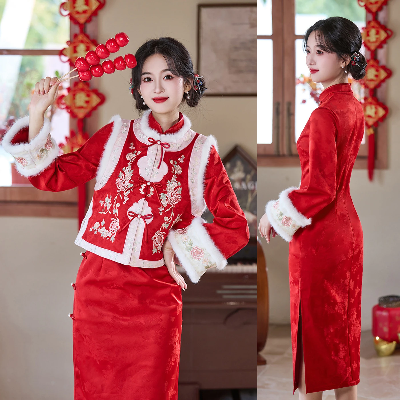 

Новинка 2026: Свадебное банкетное платье для невесты, китайское платье-ципао с длинным рукавом и жилетом, зимний пышный комплект Ханьфу