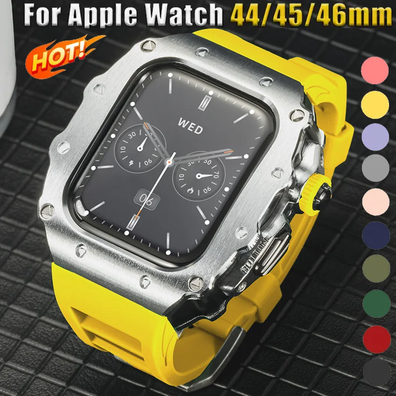 

New Modification Kit for Apple Watch 10 46mm Silicone Strap Stainless Steel Case Watch for IWatch Series 9 8 7 6 5 44mm 45mm