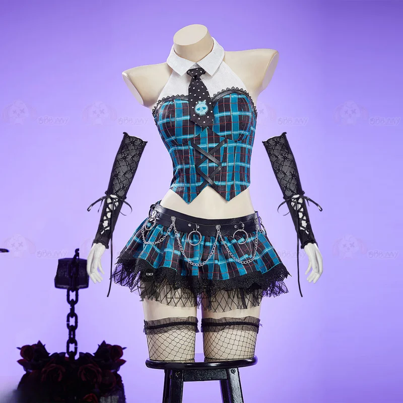 أزياء أنيمي مونستر كوس هاي فرانكي ستاين التأثيرية للنساء فستان منقوش باللون الأزرق القوطي ملابس مجموعة حفلات الهالوين