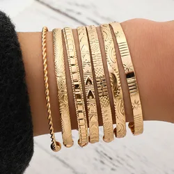 Bohemian Vintage Metal Gold Color Heart Geometric Carved Flower Open Bracelets Set for Women Fashion Jewelry Gifts