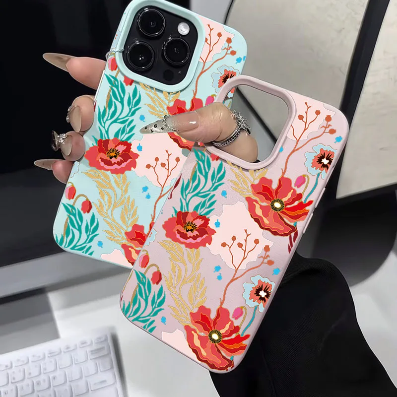 

Blooming Corn Poppies Phone Case For iPhone 14 15 16 Plus Pro Max 13 12 11 Pro 16E 8 7 SE XR XS X Lichee Pattern Silicone Cover