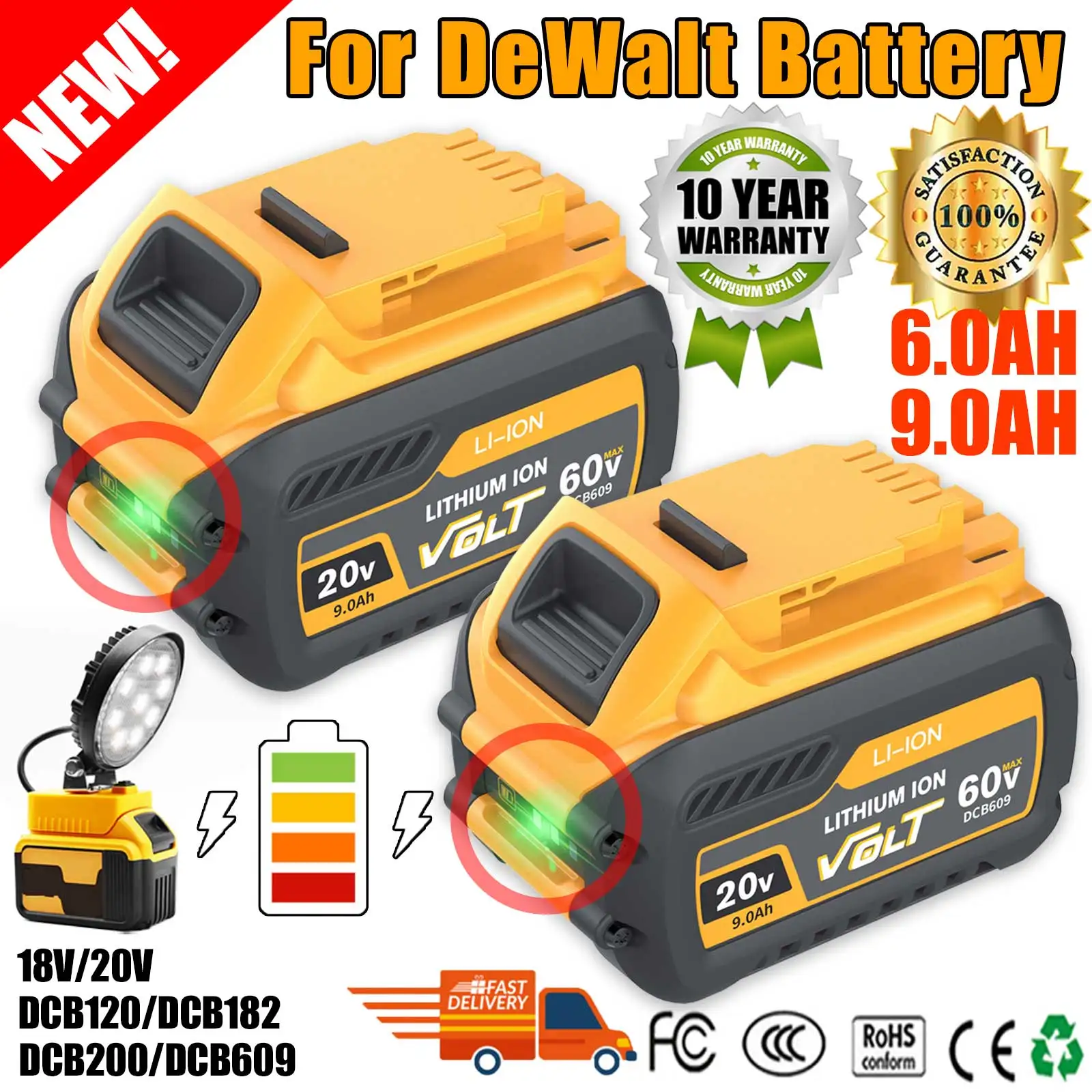 20V 9000MAH For Dewalt DCB200 Replacement Battery Compatible with 120V 60V 20V Tools Battery LED Work Lights