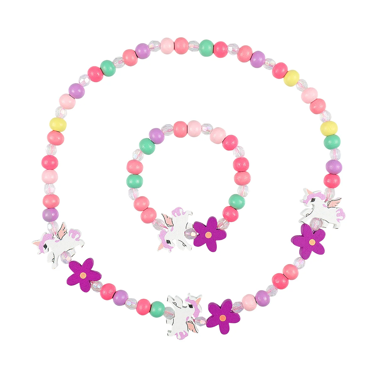 Amosfun Wooden Colorful Children Jewelry Set Unicorn Beads Necklace and Bracelet Gift for Birthday Party