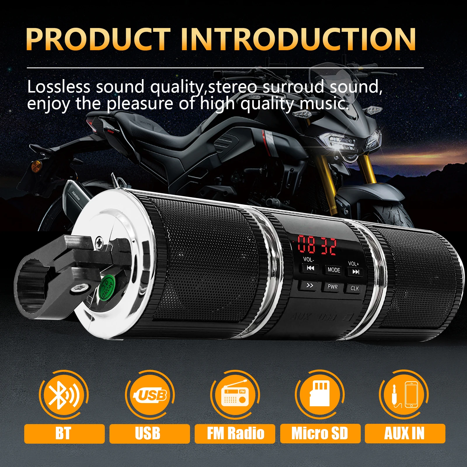 

Motorcycle Handlebar Stereo Speakers Wireless MP3 Player with AUX-IN/USB/TF Card FM Radio Black