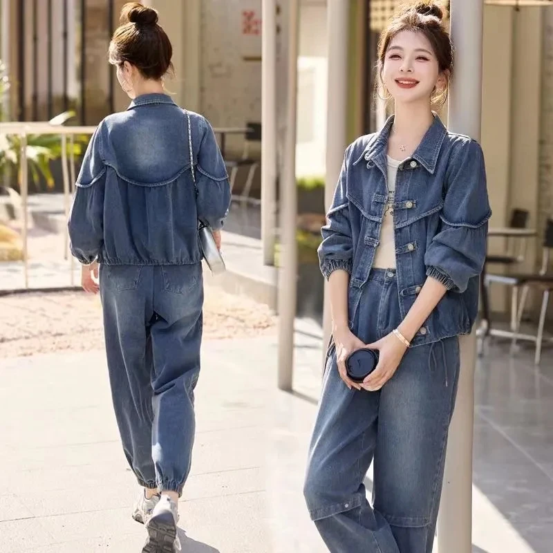 

Fashion Women's Denim Set 2025 Spring New Female New Chinese Retro Long-sleeved Short Outfit Casual Pants Two-Piece Piece set
