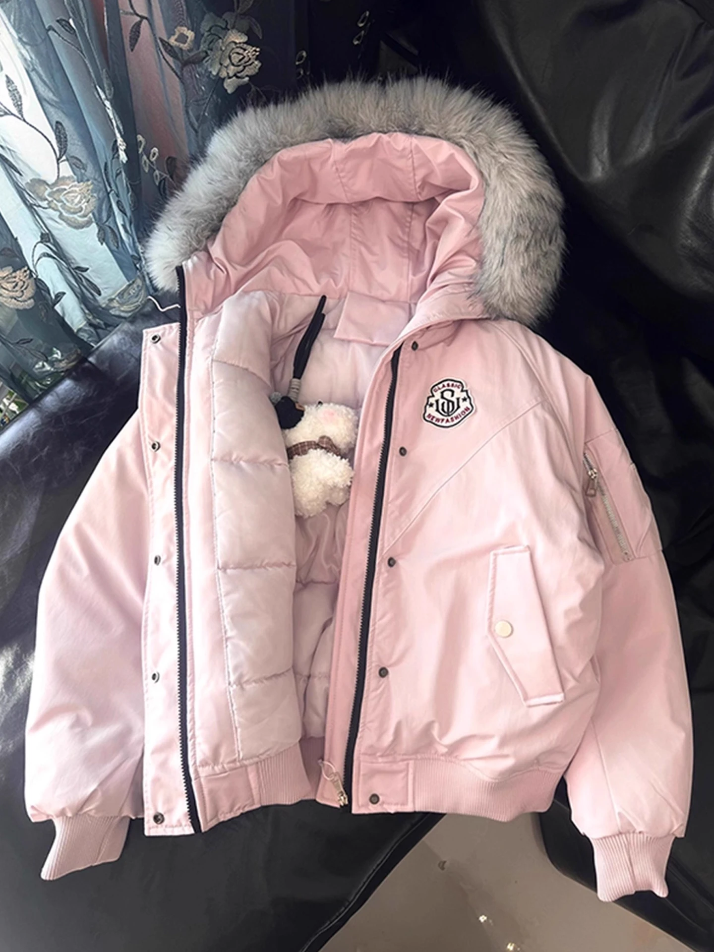 

Pink Detachable Fur Collar Hooded Parka Cotton Workwear Thiened Outdoor Winter Cold Resistance Warm Men Women Sle Coat