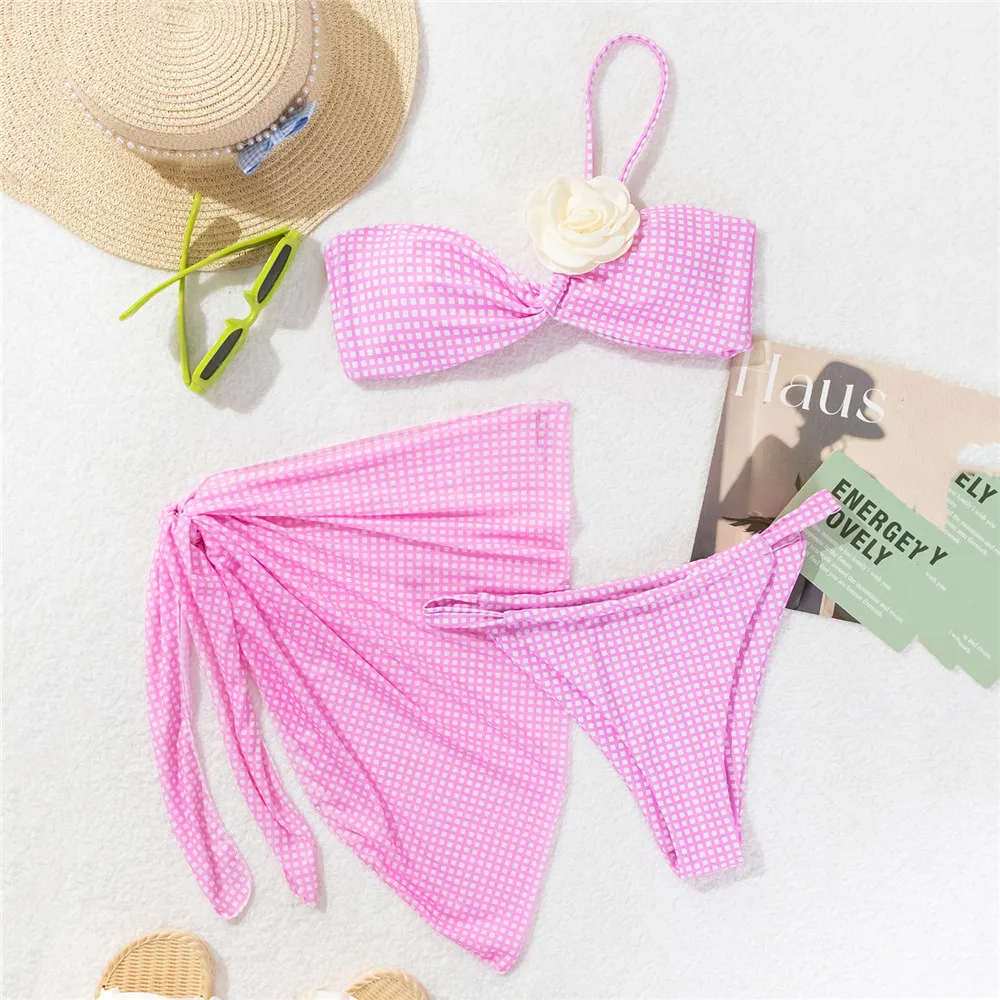 3D Flower Pink Plaid Mico Thong 3 Piece Bikini Set Damen Mesh Cover Up Swimwear Sexy Swimsuit Women 2024 Beachwear Bikinis Mujer