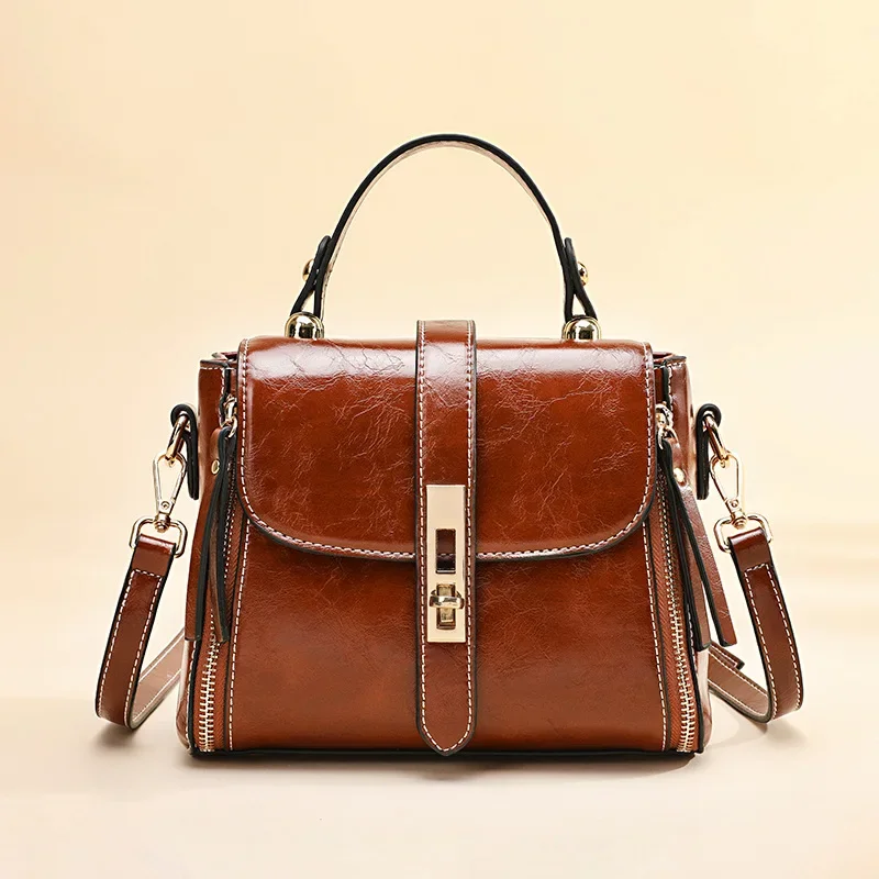 Genuine Leather Women bag Luxury Handbags Double Zipper Ladies Shoulder Bags Lock decoration Real Cowhide Handbag L53