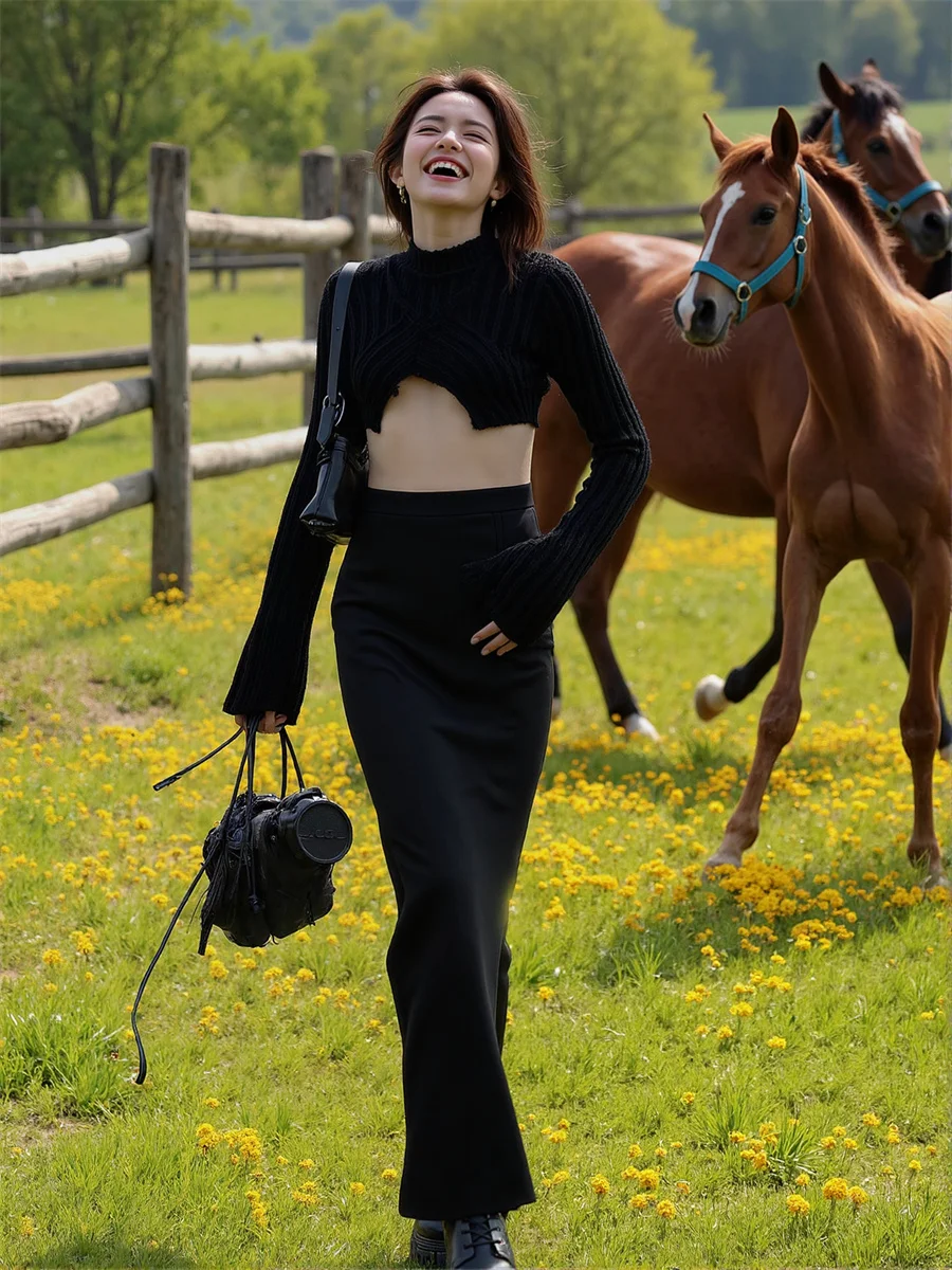 Jupes pour femmes coupe régulière noir Vintage haut de gamme vêtements de travail femmes mince cheville longueur formelle coupe droite costume matériel de mode