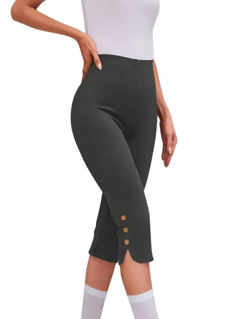 High-Waisted Elastic Seven-Foot Pants Women's Mid-Calf Trousers Base Layer Clothing with Button Detail