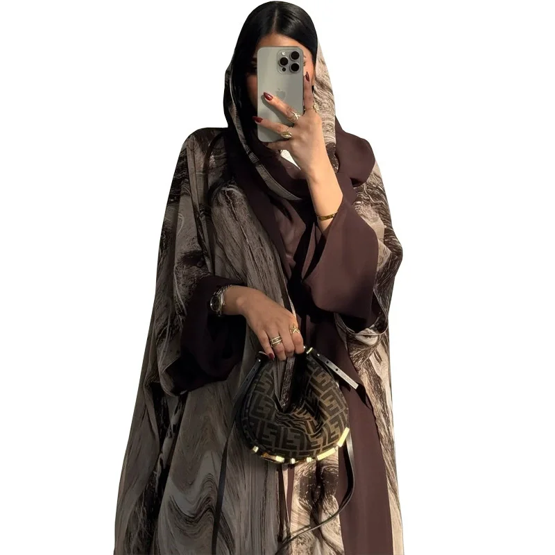 Jaqueta cardigã abaya estampada marrom com capuz islâmico, robe casual elegante com capuz, robe dubai feminino muçulmano