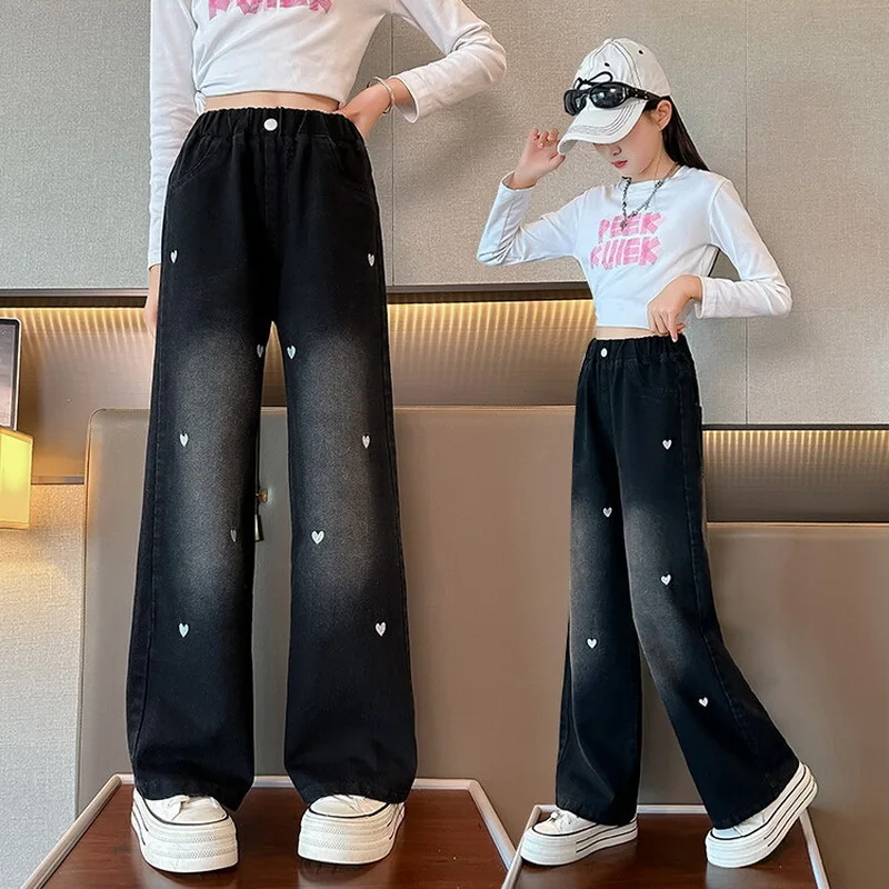 New Fashion Teenager Girls Denim Wide Leg Pants Children Trousers Spring Autumn Love Pattern Girls Jeans 5-14 Years Kids Clothes