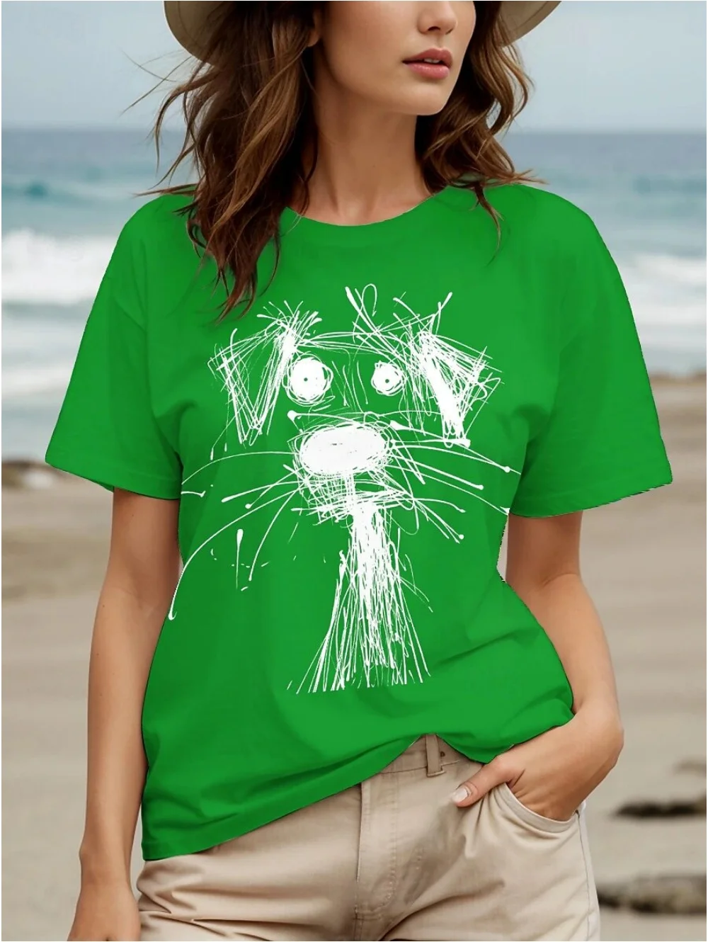 Women's T-Shirt Scribbled Puppy Pattern Tee Retro Fashion Classic Short Sleeve Tops O-Neck Summer Outdoor Casual Ladies Clothing