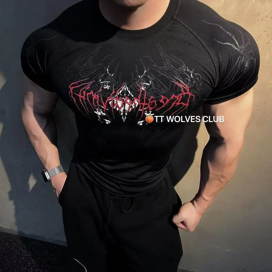 

Gothic style men and women tight fitting high elasticity fitness sports quick drying high elasticity gym T-shirt short sleeved