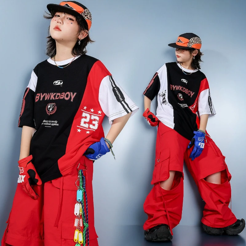 

New Street Dance Wear Hip Hop Performance Dance Clothing Boys Cool T Shirt Red Pants Jazz Dance Costumes Stage Show Kpop Outfit