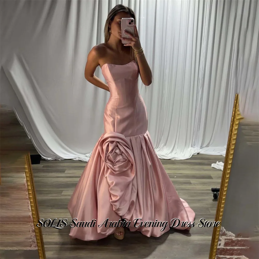 Vestidos de Graduación Rosados SOLIS, Vestido de Celebridad sin Tirantes ni Mangas, Vestidos de Noche de Satén Estilo Sirena con Flor Grande, Elegantes y Personalizados